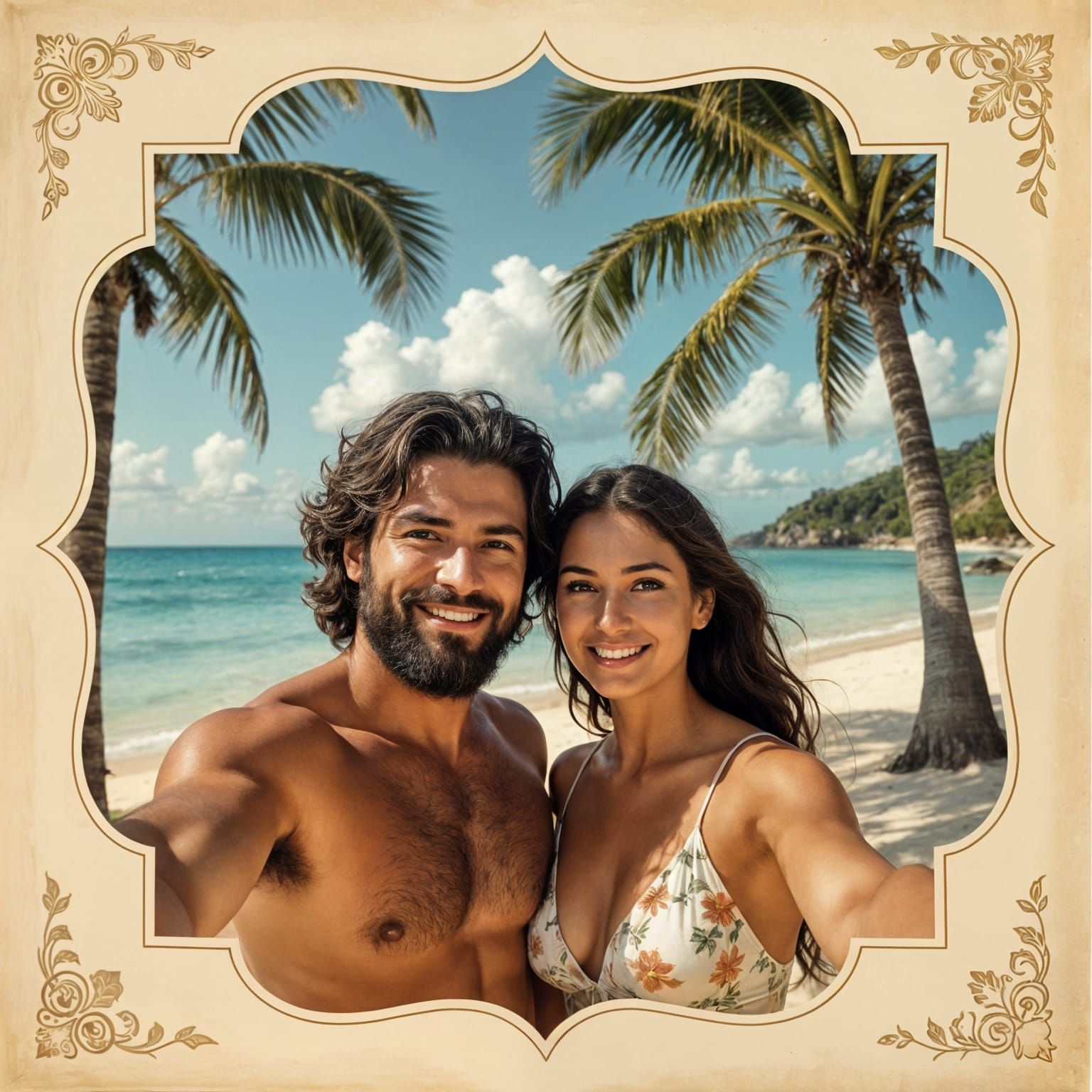 Adam and Eve Selfie in Paradise: Vintage Sepia Photo