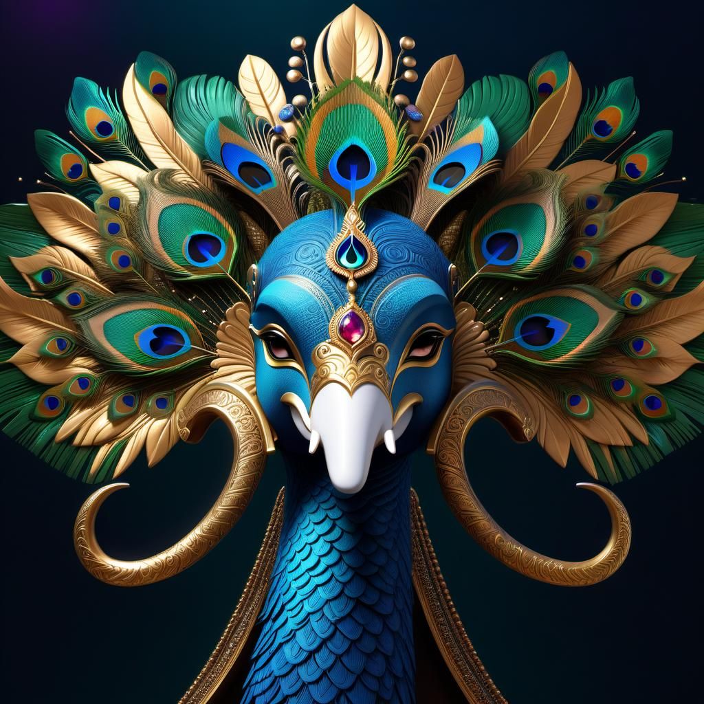 Peacock Elephant Mask: Detailed Matte Painting