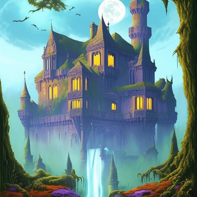 Gloomy Gothic Castle in Swamp with Waterfall