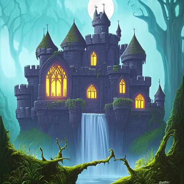 Gothic Castle in Gloomy Garden Swamp: Photoillustration