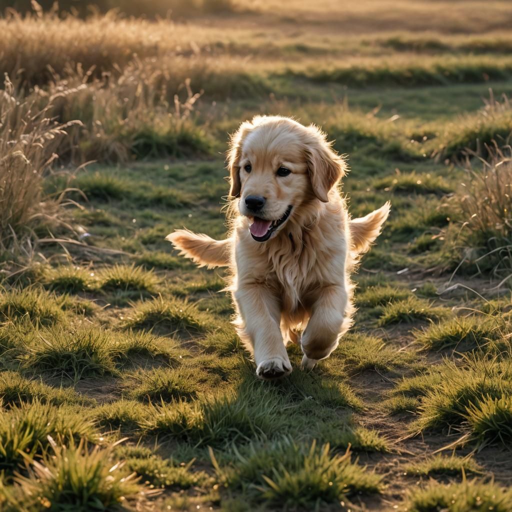 Happy Golden Retriever Puppy Sledding at Sunset