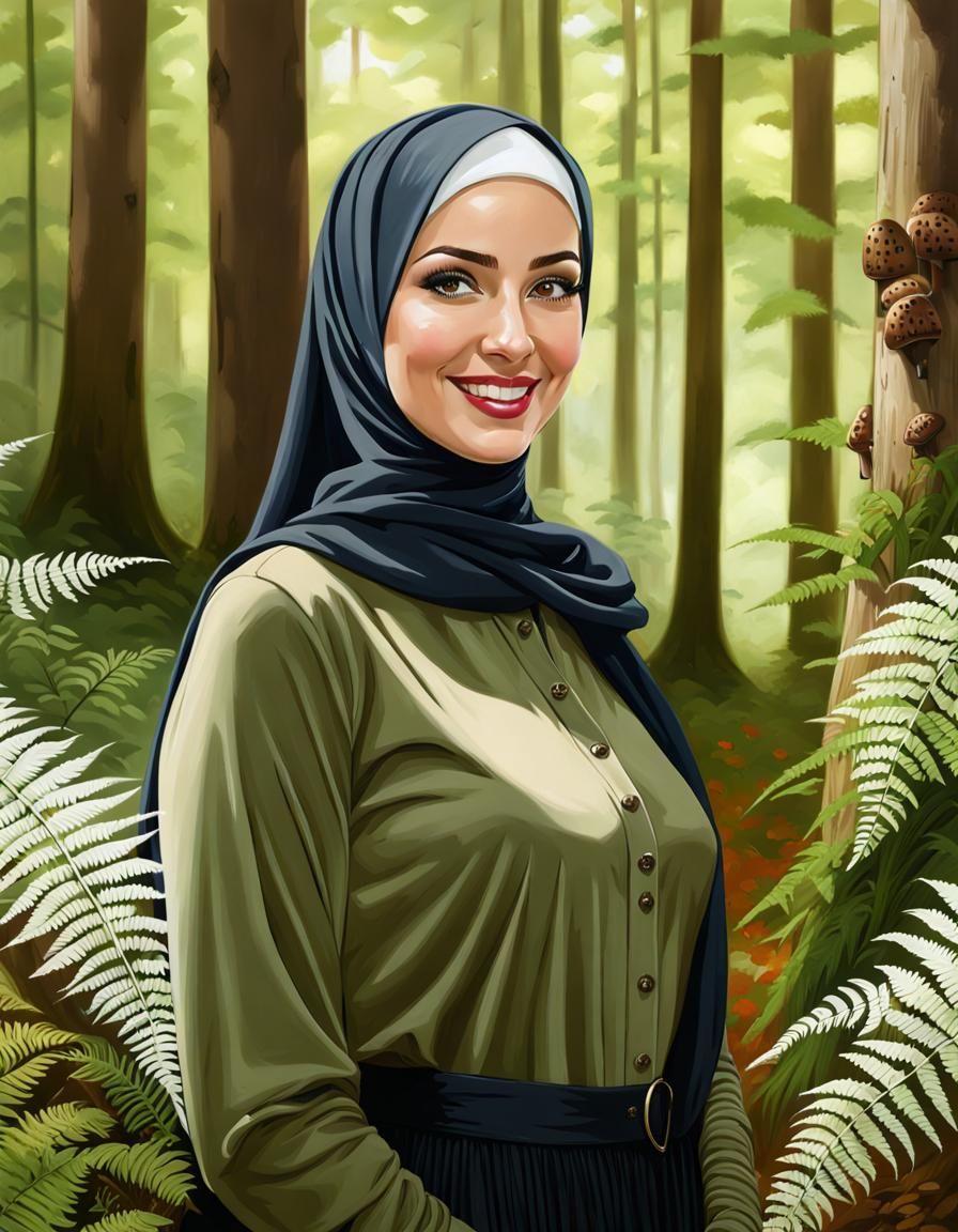 Elegant Hijabi Woman in Forest: Realistic Oil Painting