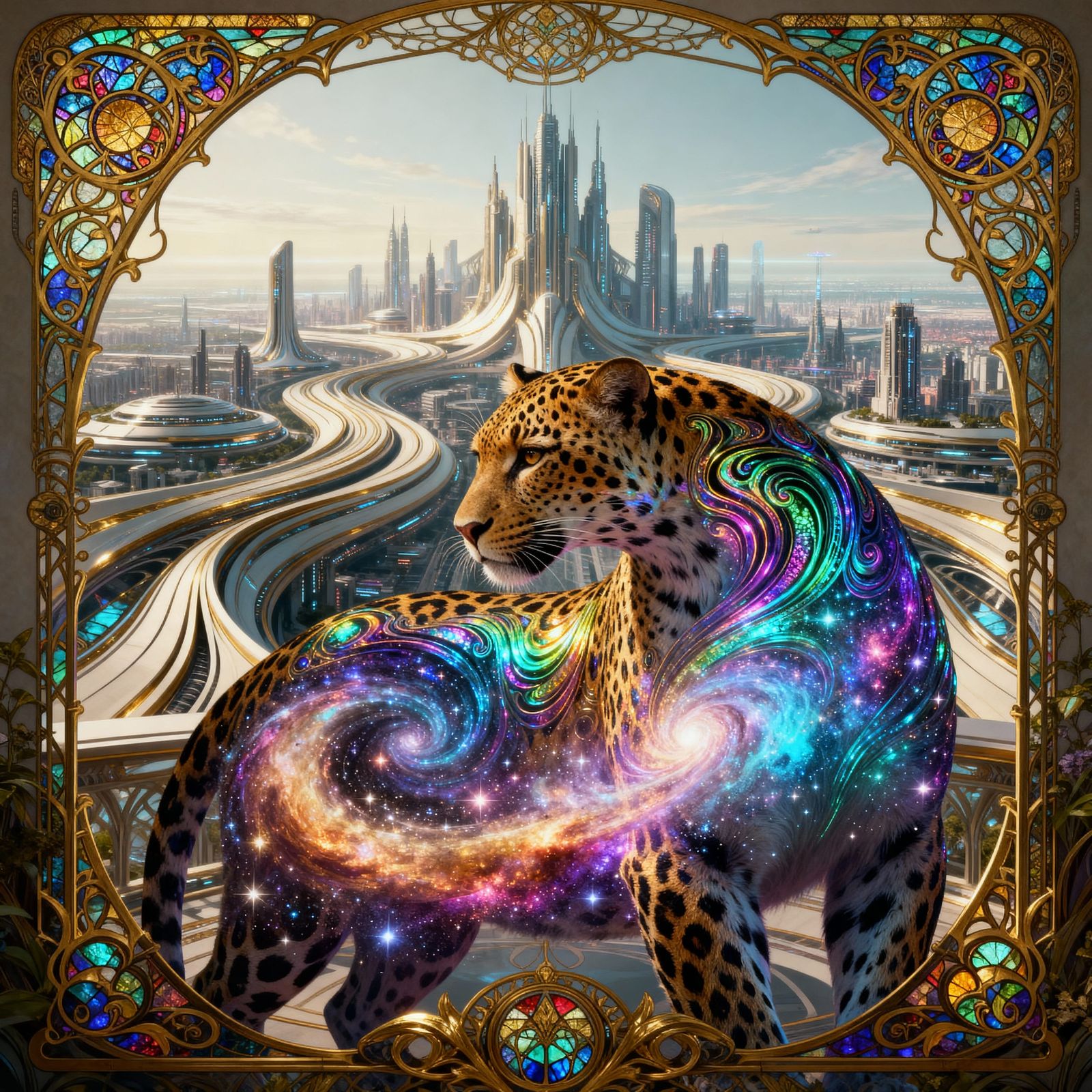 Leopard Transforms into Nebula Amidst Art Nouveau Cityscape