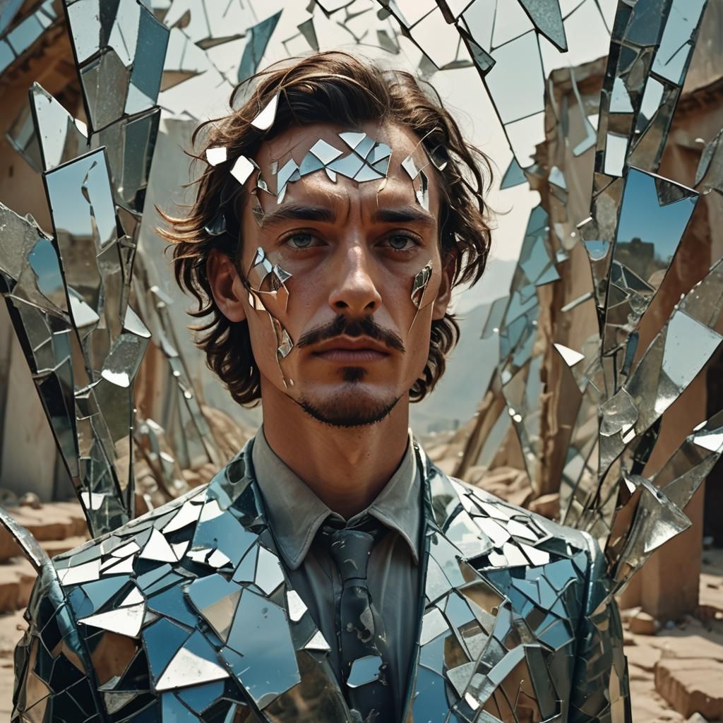 Mirror Man in Dreamlike Surrealist Landscape