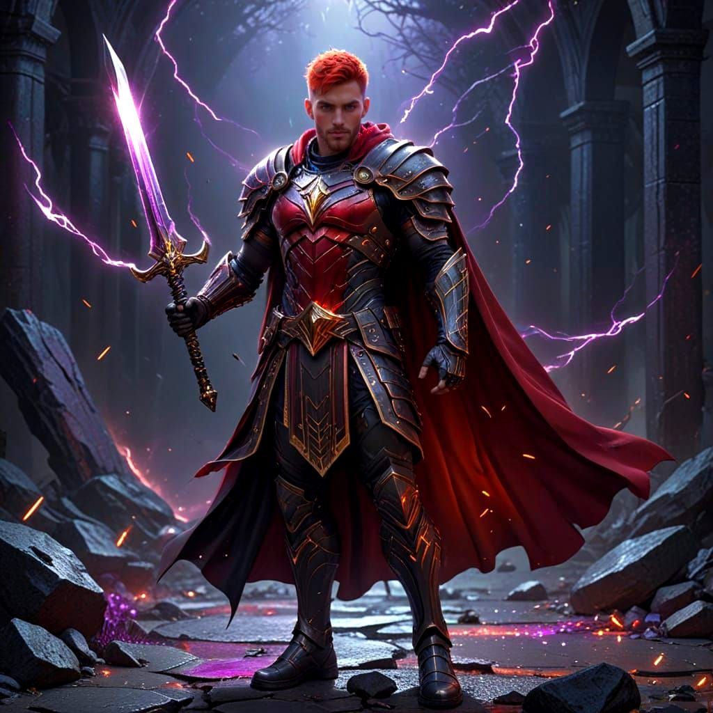 Epic Warrior with Crimson Hair and Neon Runes