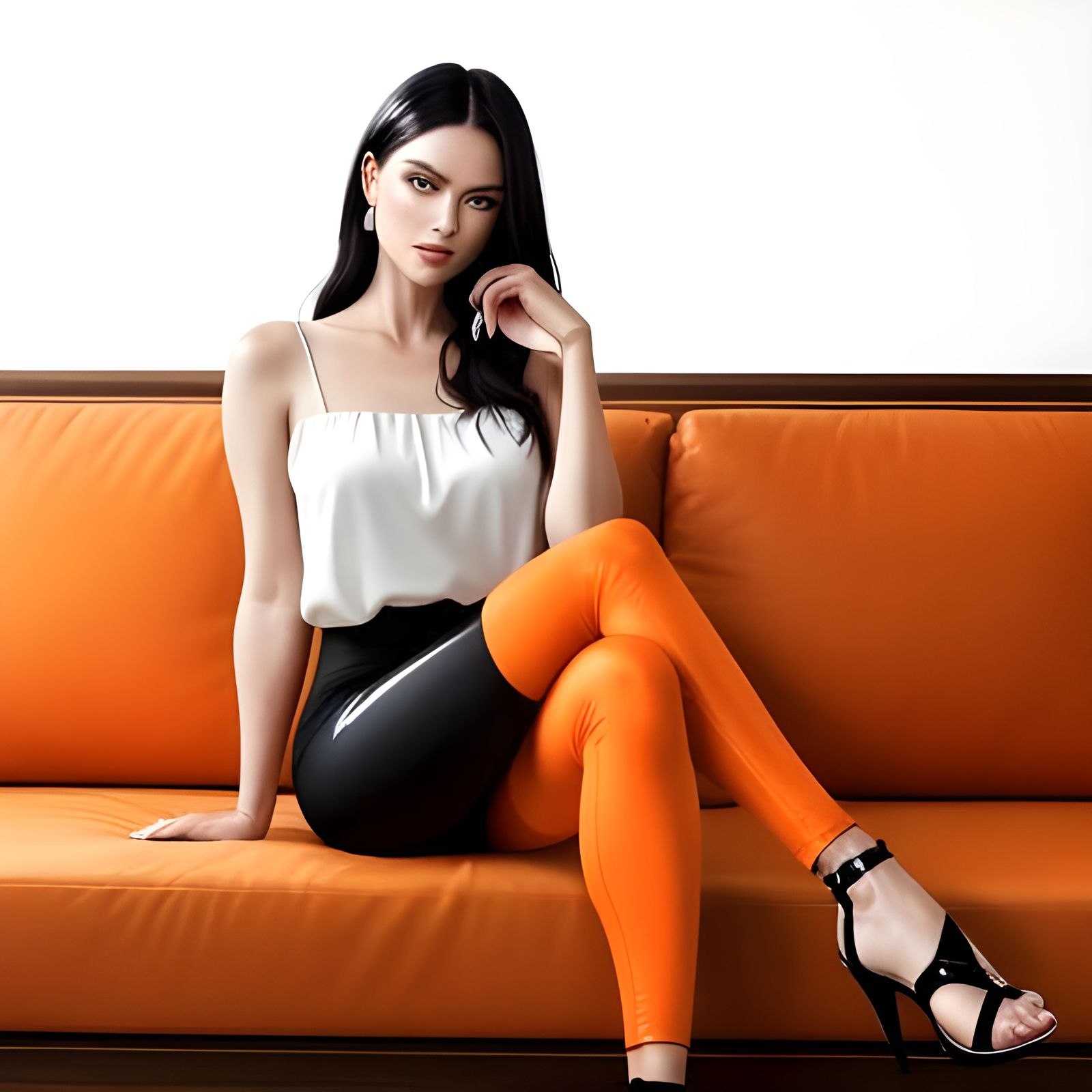 Elegant Woman on Orange Sofa with Stylish Footwear