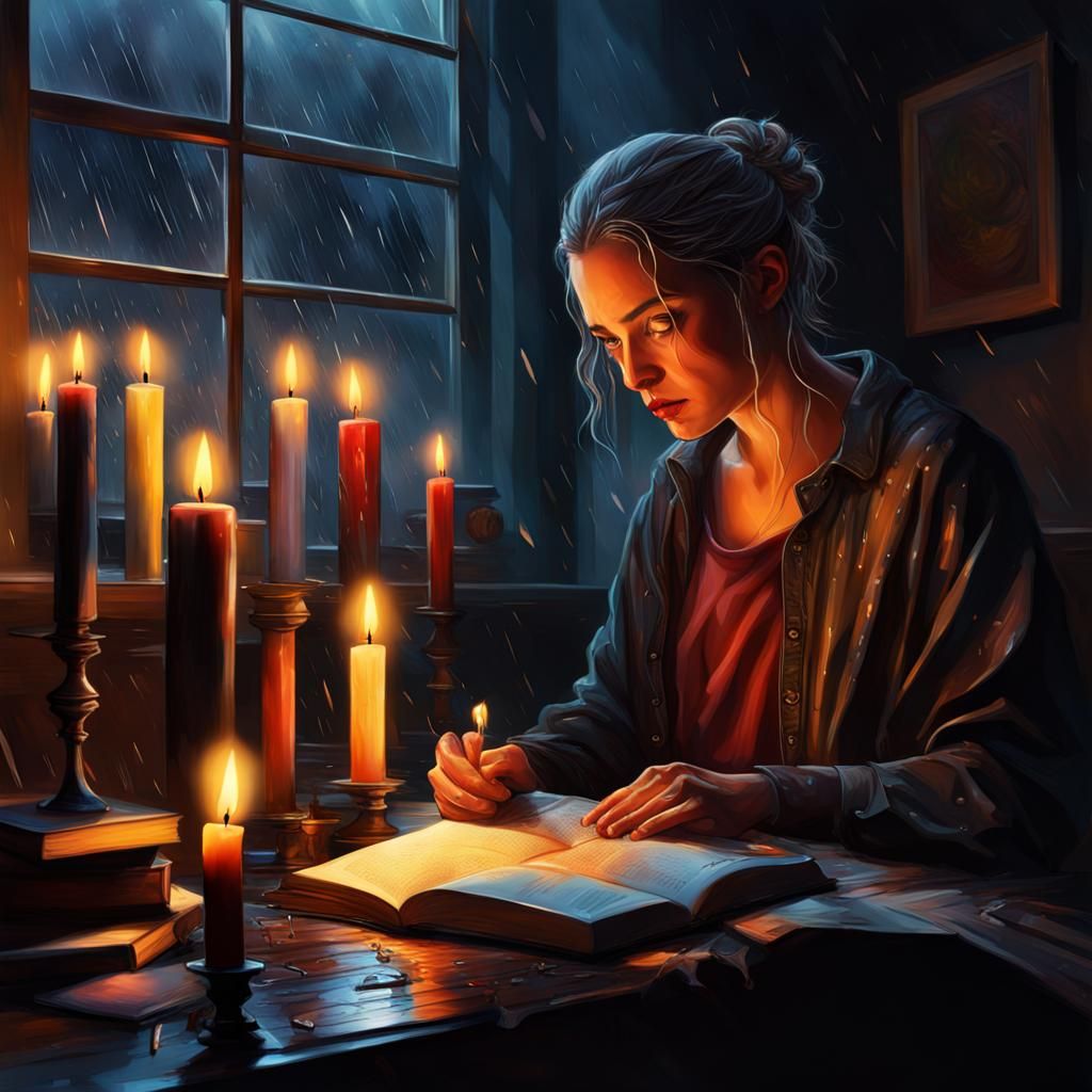 Hyperrealistic Writer in Dark Room with Candles