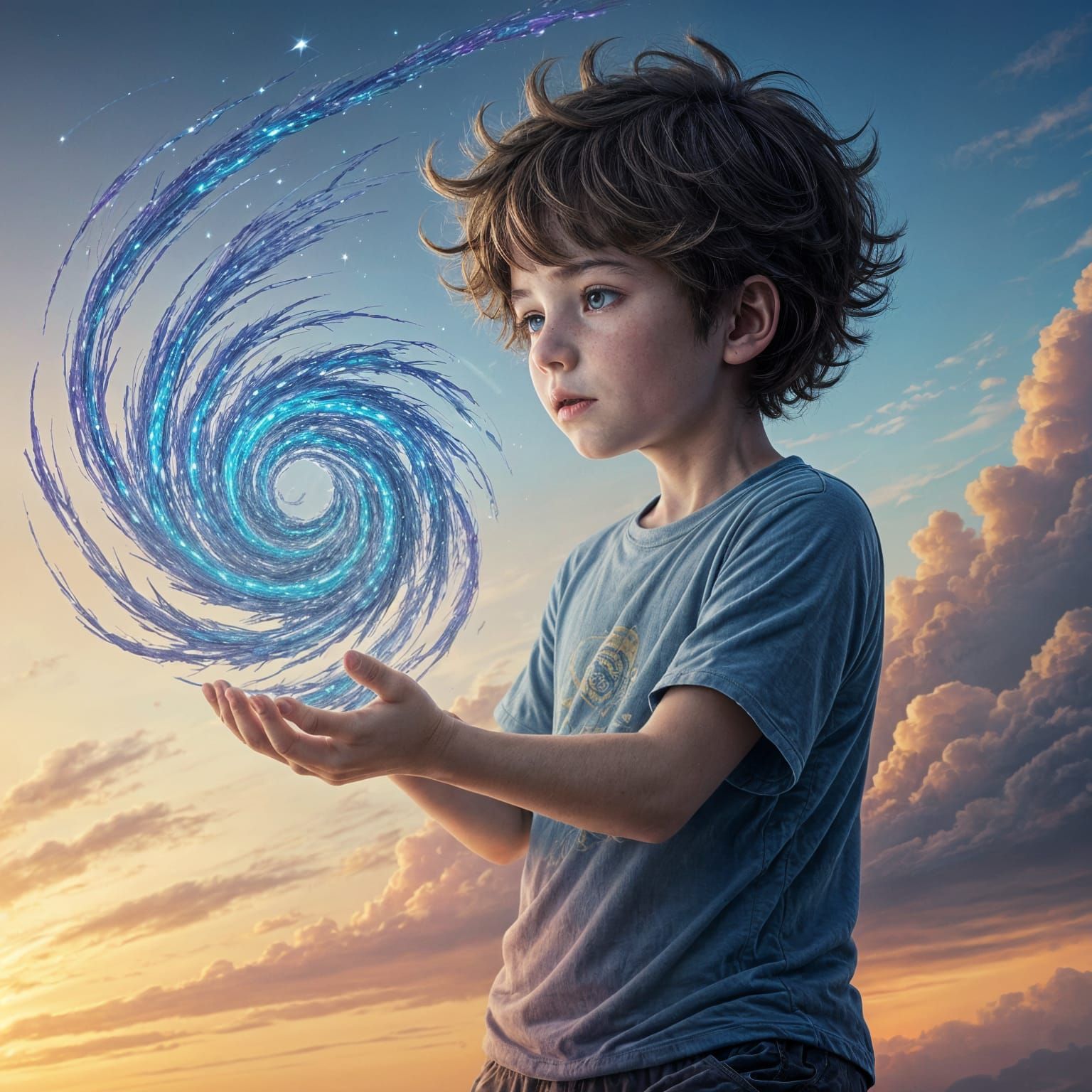 Boy Creates Magic with Glowing Particles