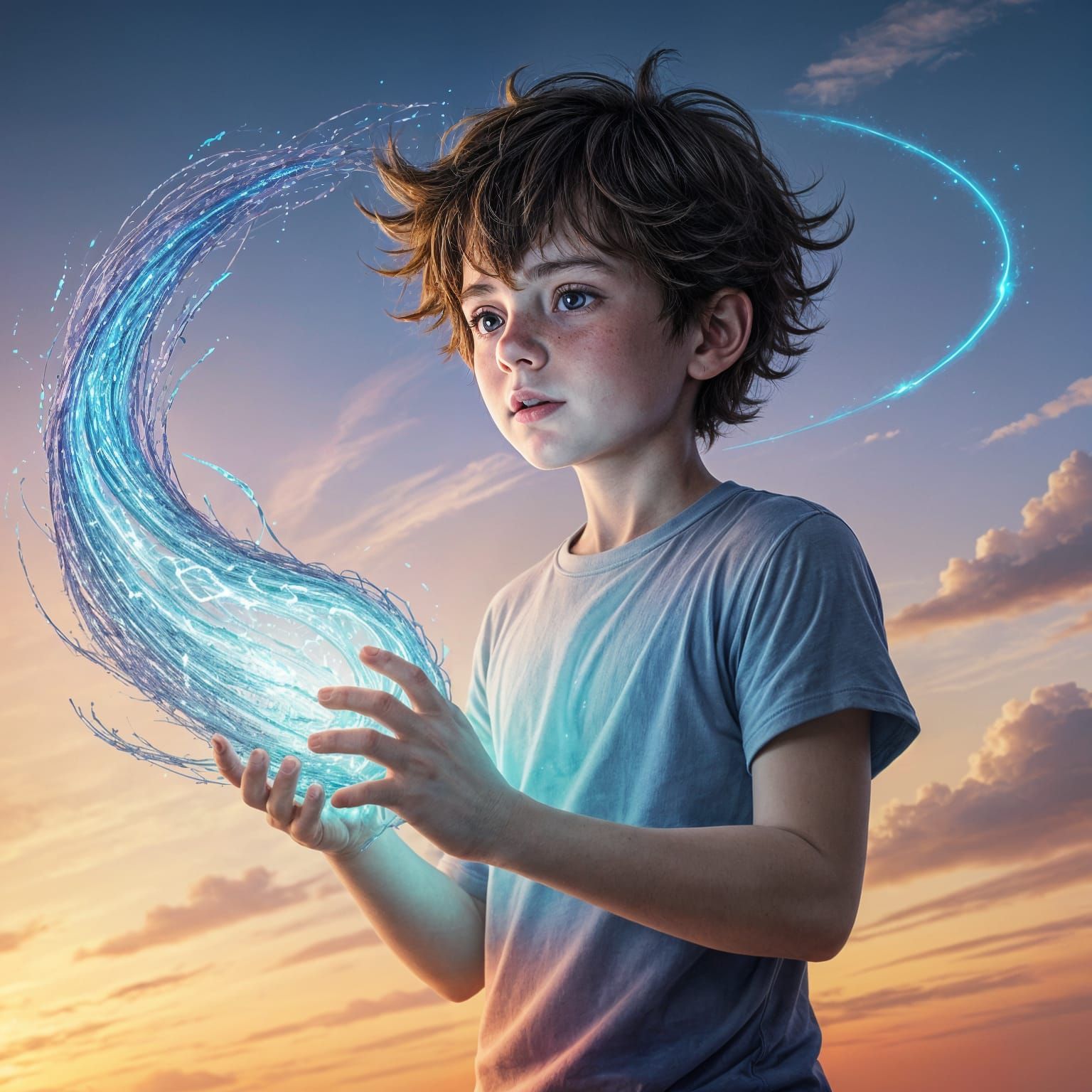 Boy Creates Magic with Glowing Particles