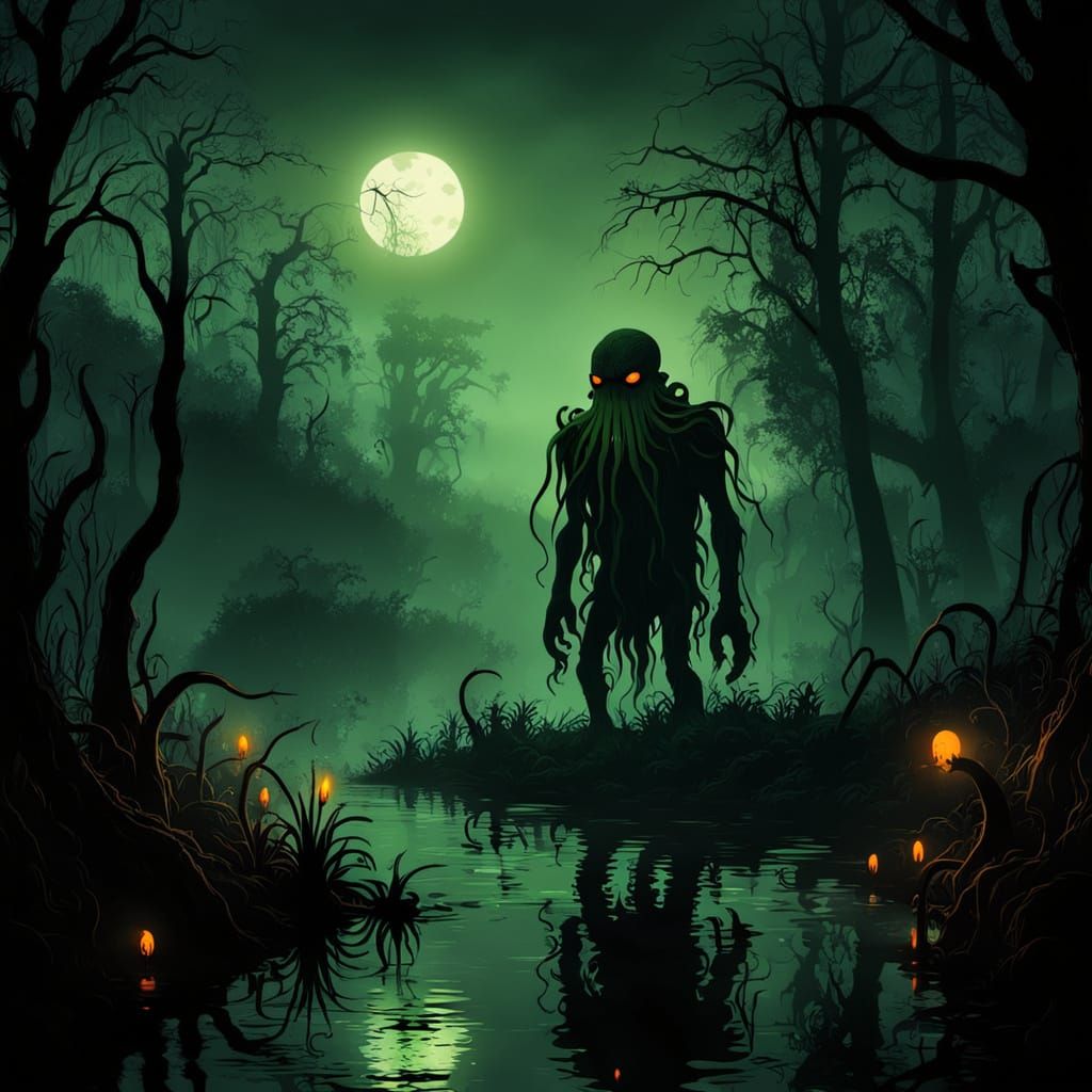 Silhouette Art: Cthulhu in Dark Swamp with Glowing Eyes