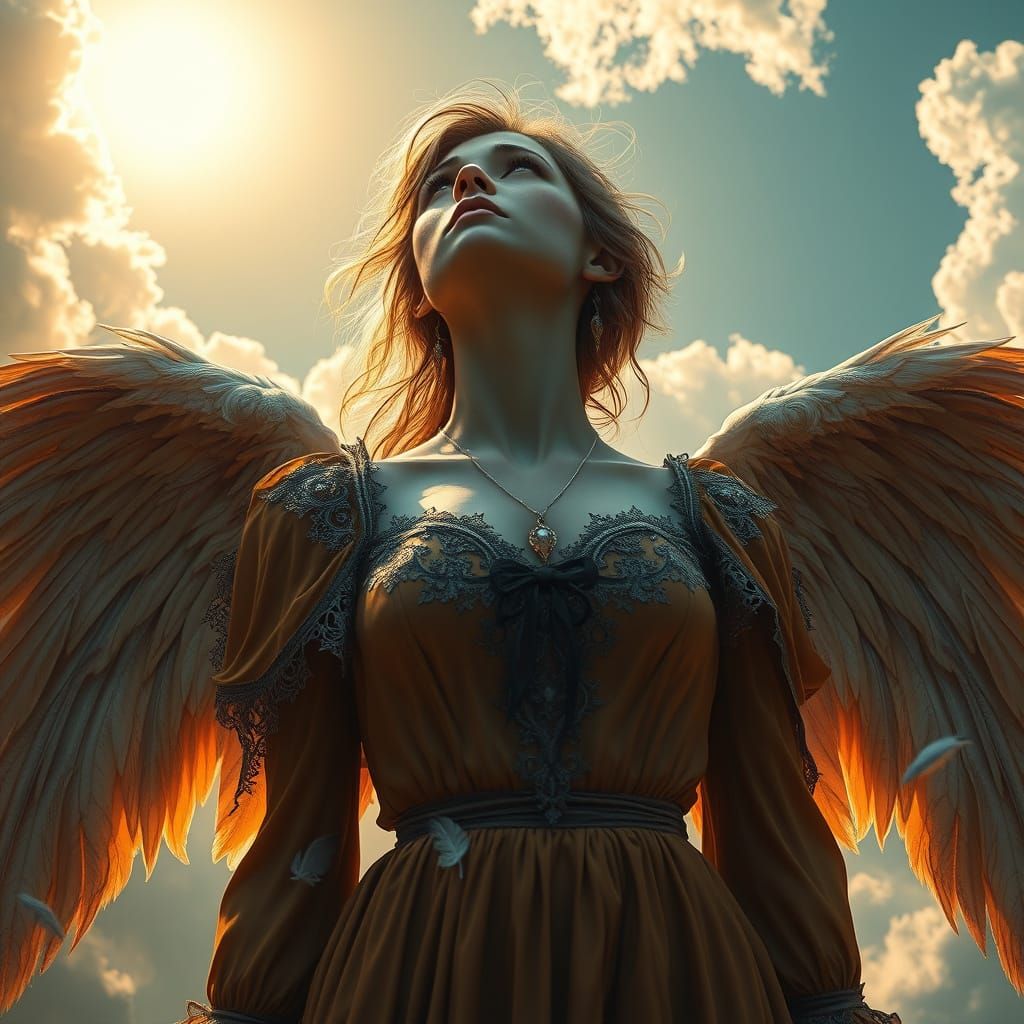 Ethereal Fallen Angel in Vibrant Art Nouveau Style