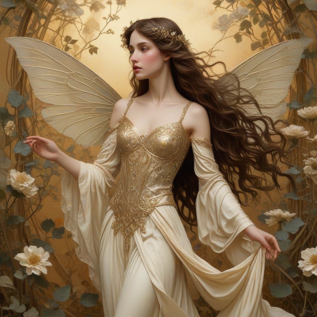 Ethereal Fairy in Golden Light, in Pre-Raphaelite Style