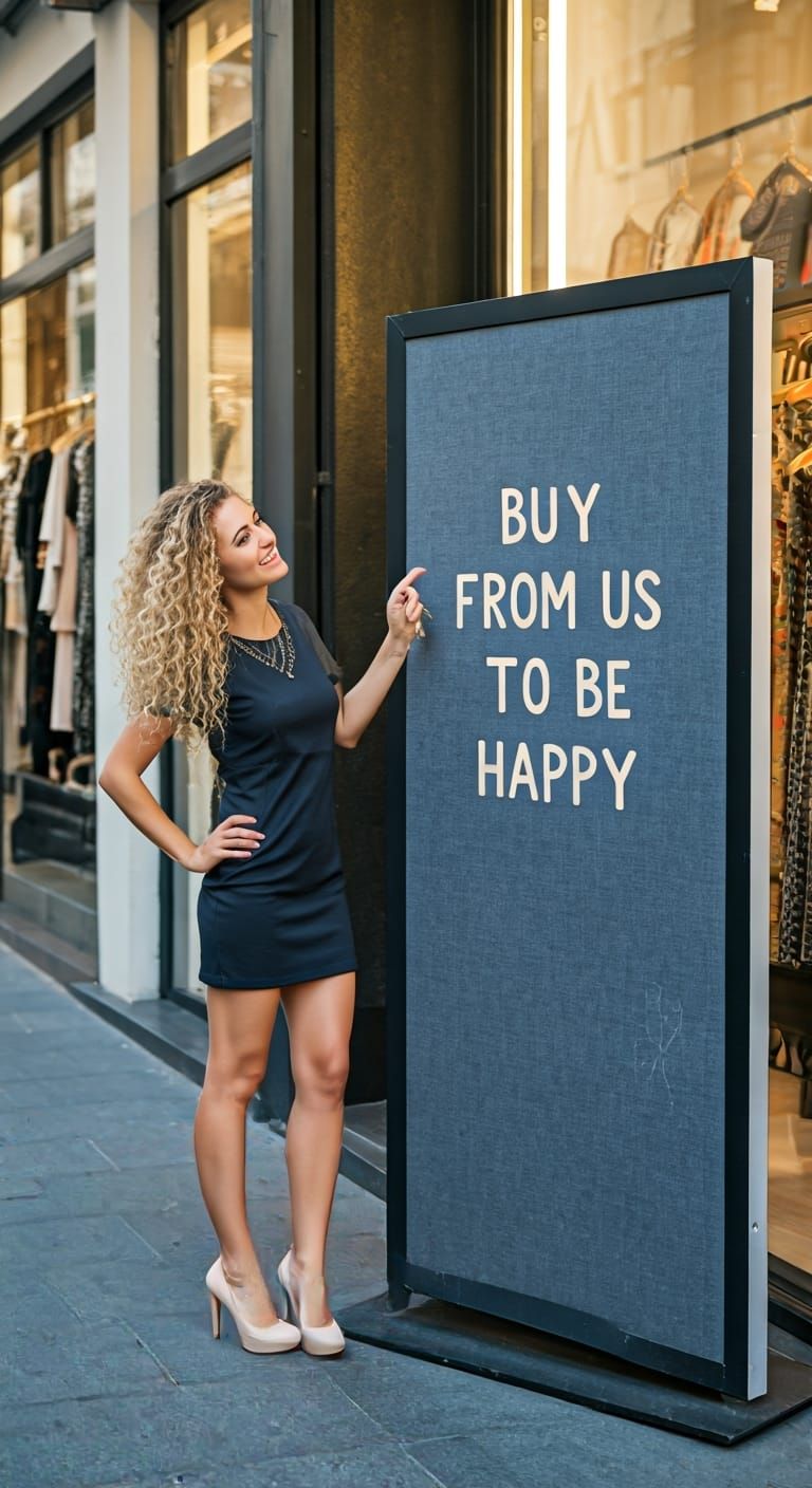 Blonde Woman Promotes Fashion Shop with Sign