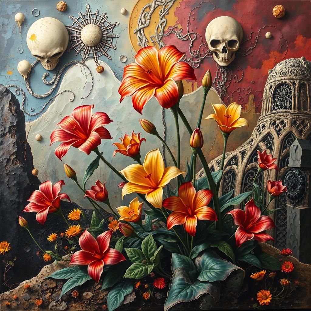 Surreal Art Deco Flowers Bloom in Impasto Landscape