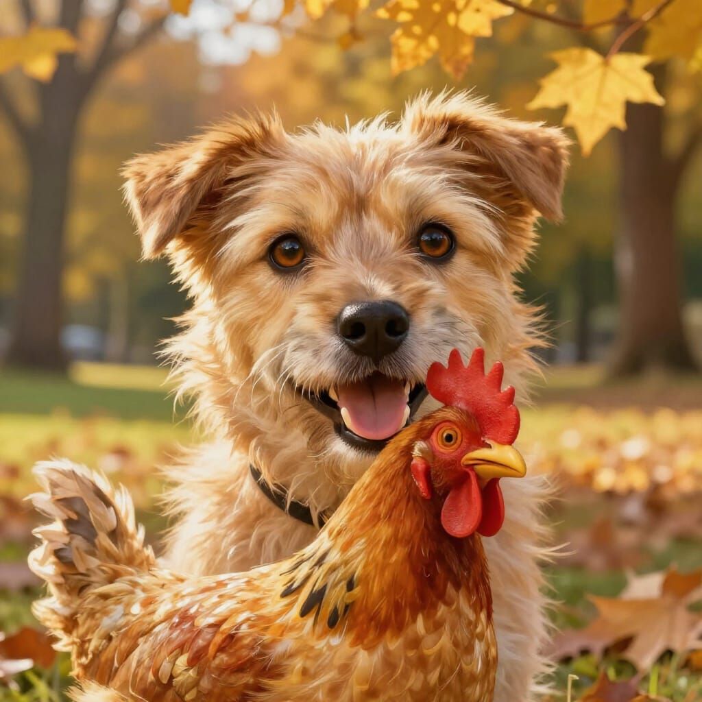 Happy Mutt and Chicken Friend in Golden Sunlight