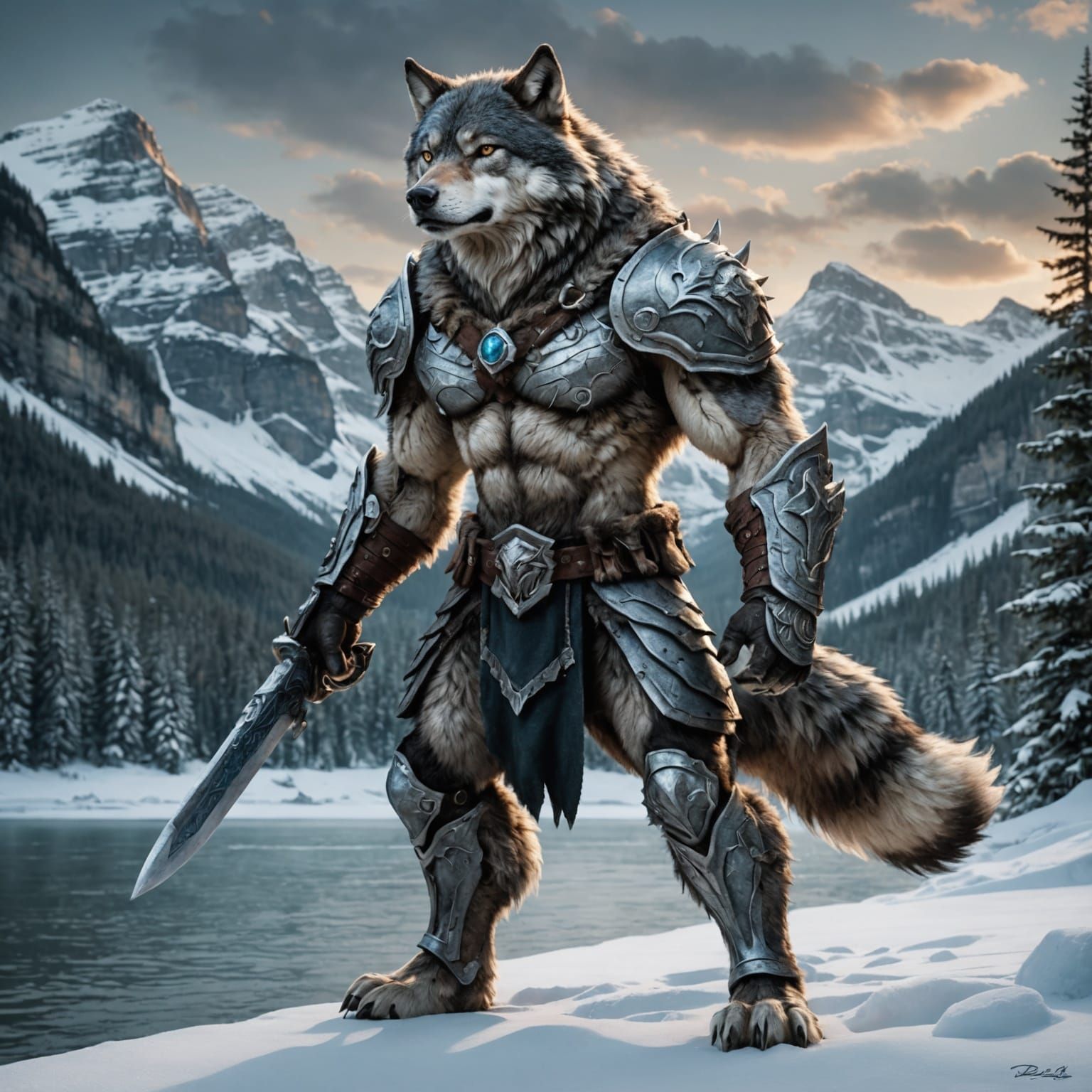 Gigantic Warrior Wolf on Frozen Lake