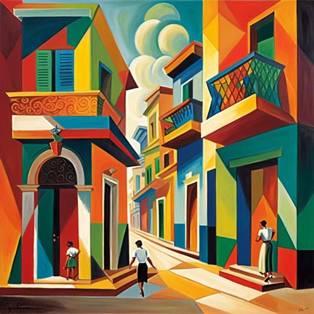 Cuban Street Scene in Cubist Style
