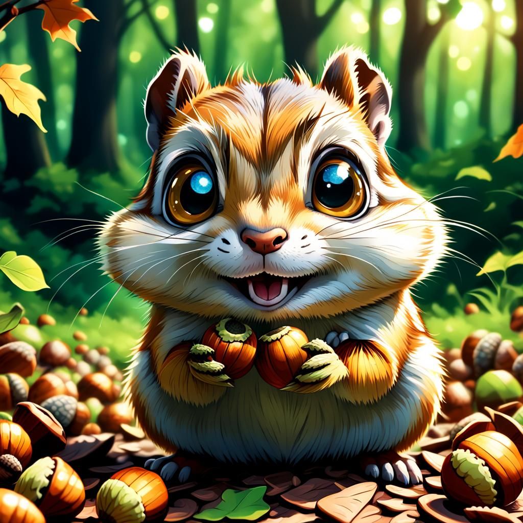 Anime Chipmunk with Googly Eyes and Acorns