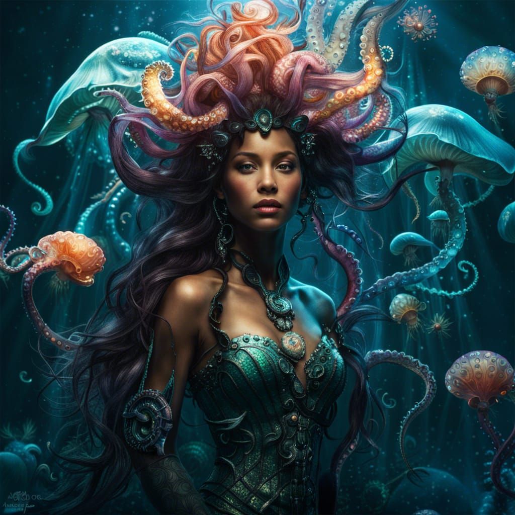 Luminescent Mermaid-Medusa in a Jellyfish Swarm