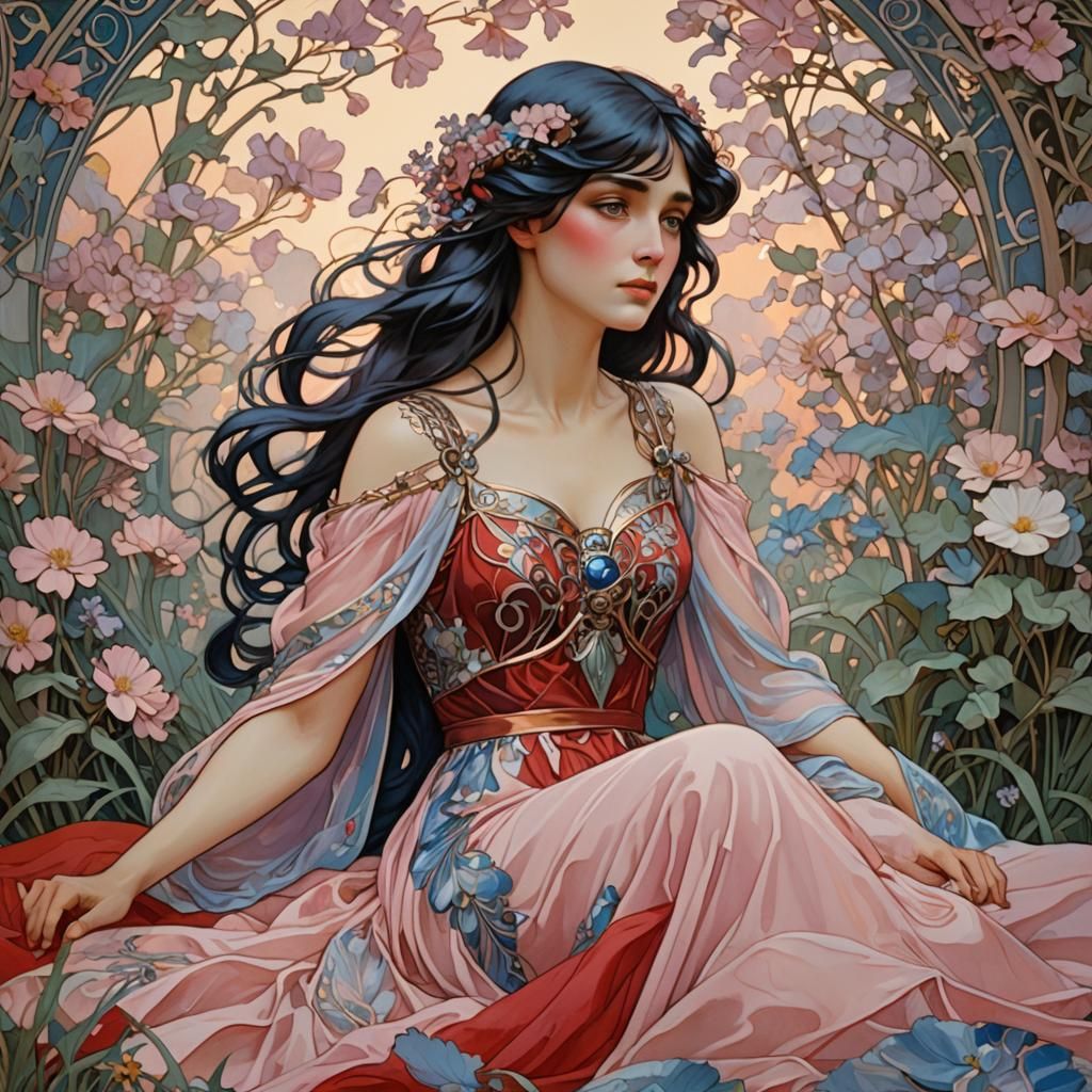 Art Nouveau Woman in Garden with Flowing Lines