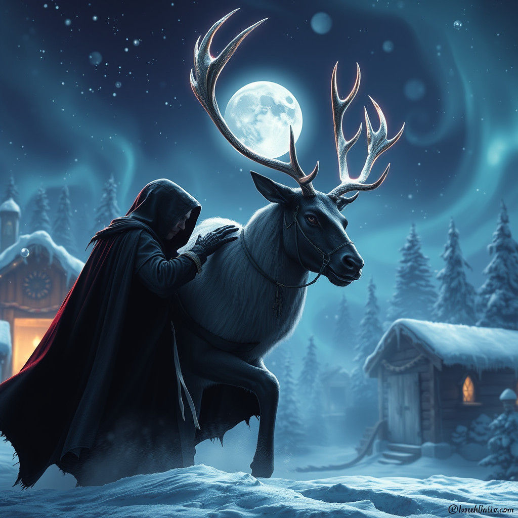 Dark Fantasy Figure Stealing Reindeer: Matte Painting