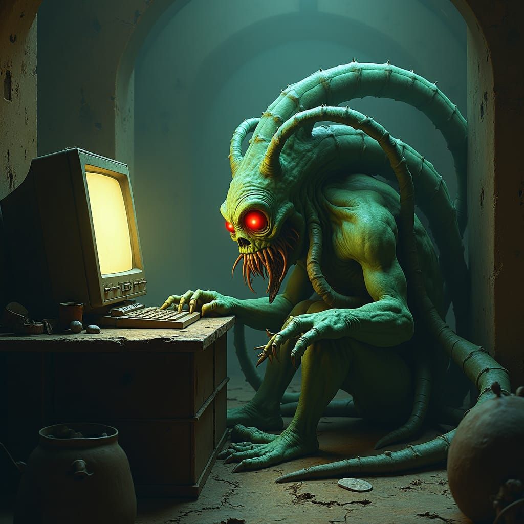 Lovecraftian Horror Stares at a Screen in Biomechanical Surr...