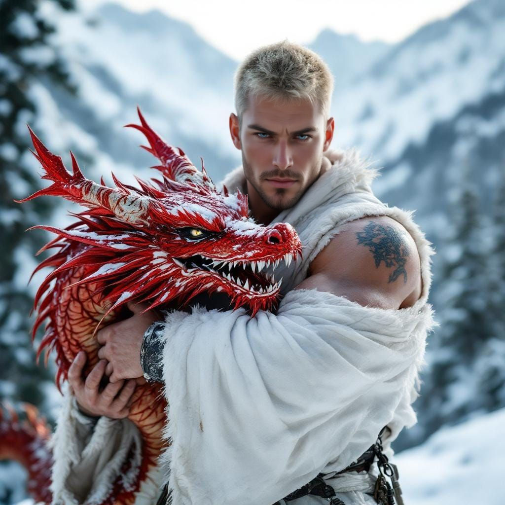Bodybuilder and Dragon on Snowy Mountain