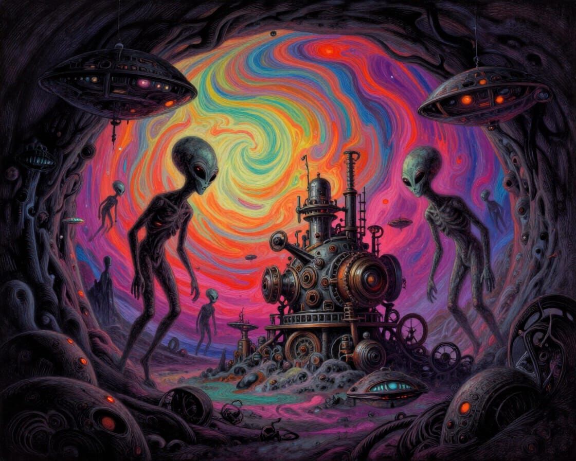 Surreal Alien Spaceships in Shadowy Cosmic Landscape