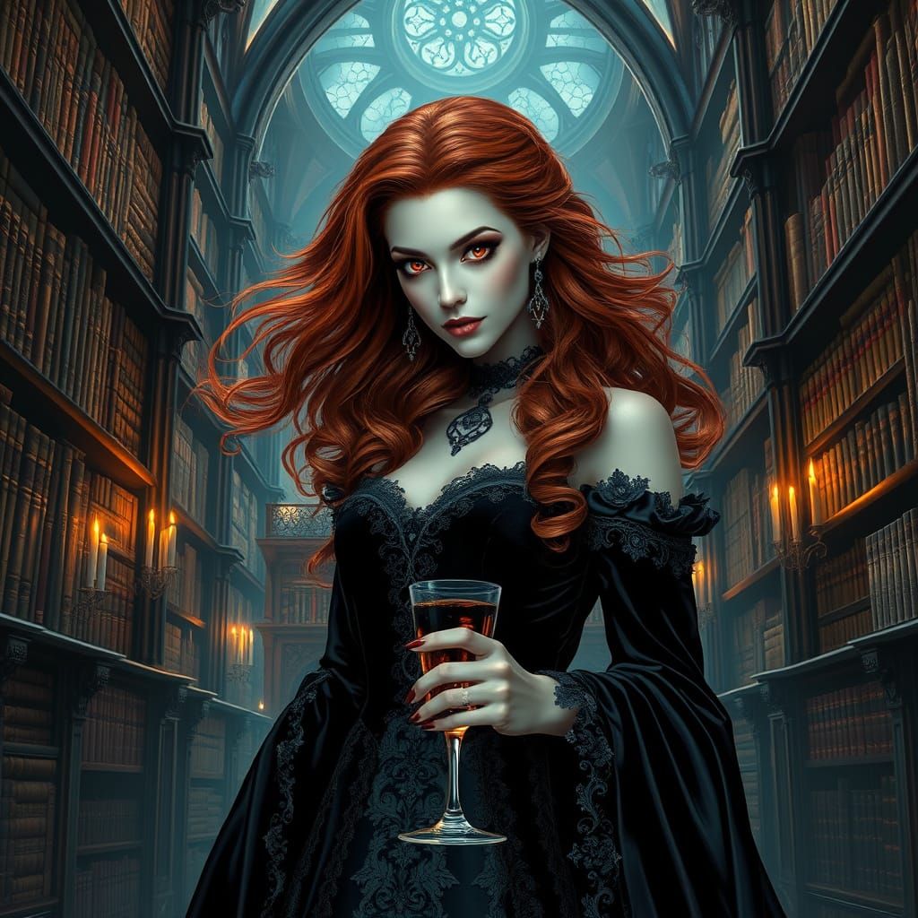 Vampire Queen in Gothic Library with Baroque Details