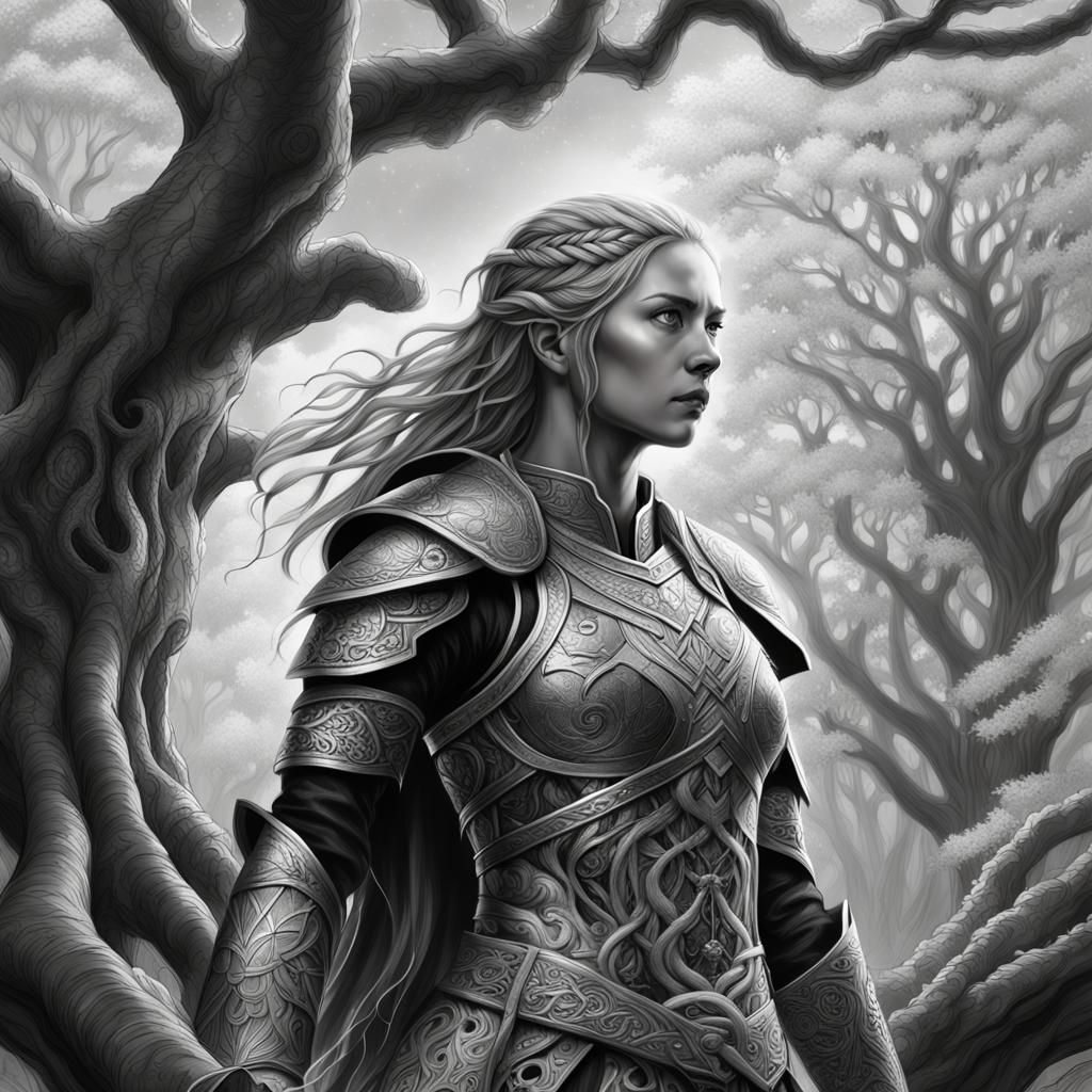 Nordic Warrior at the Tree of Life: Black and White Digital ...
