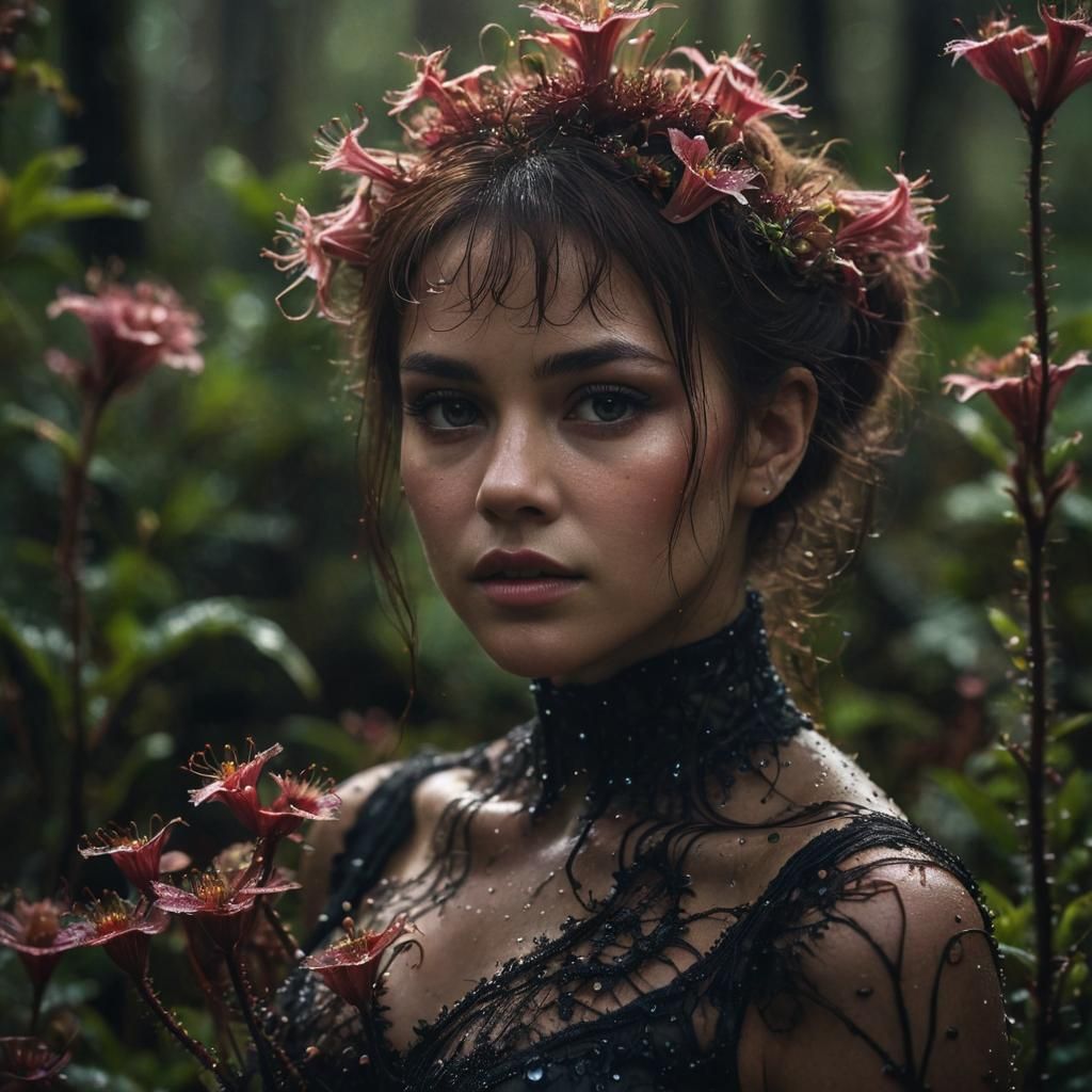 Mysterious Lady Drosera Portrait in Dark Forest