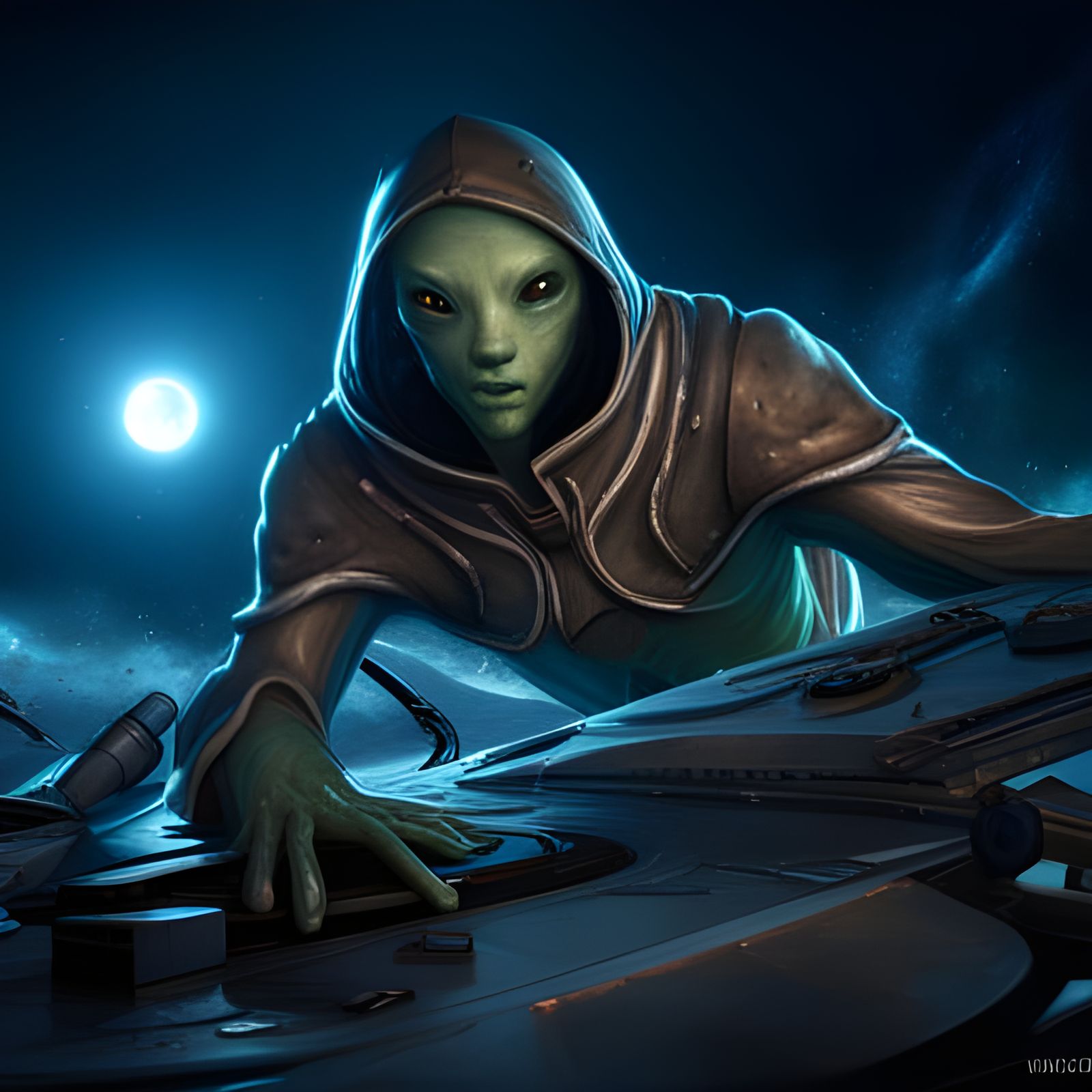 Hooded Alien Creature in Spaceship, Digital Matte Painting