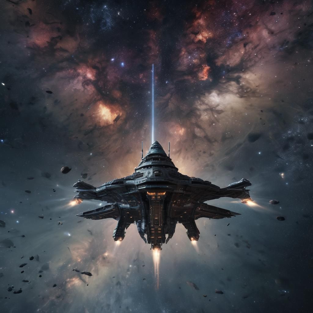 Alien Starship Flies Through Galaxy: Digital Matte Painting