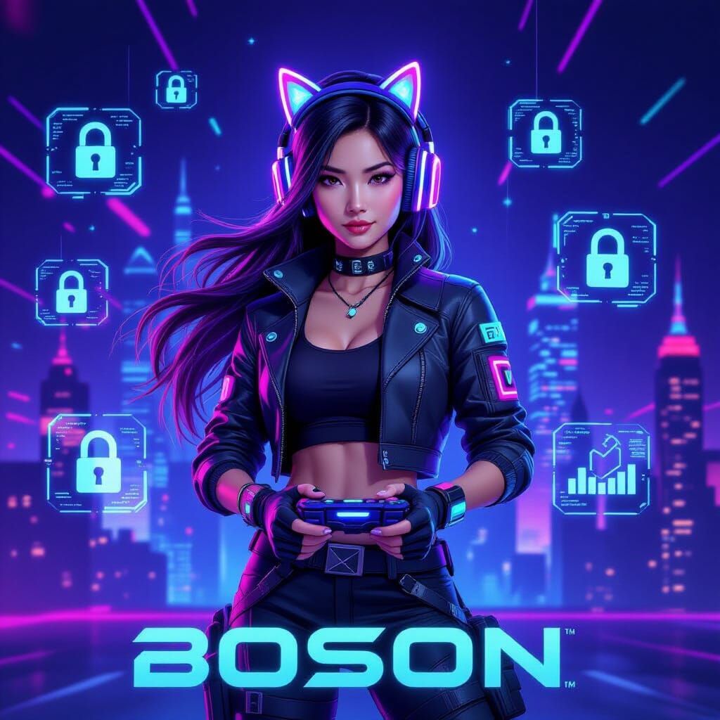 Confident Gamer Girl with Holographic Controller in Cyberpun...