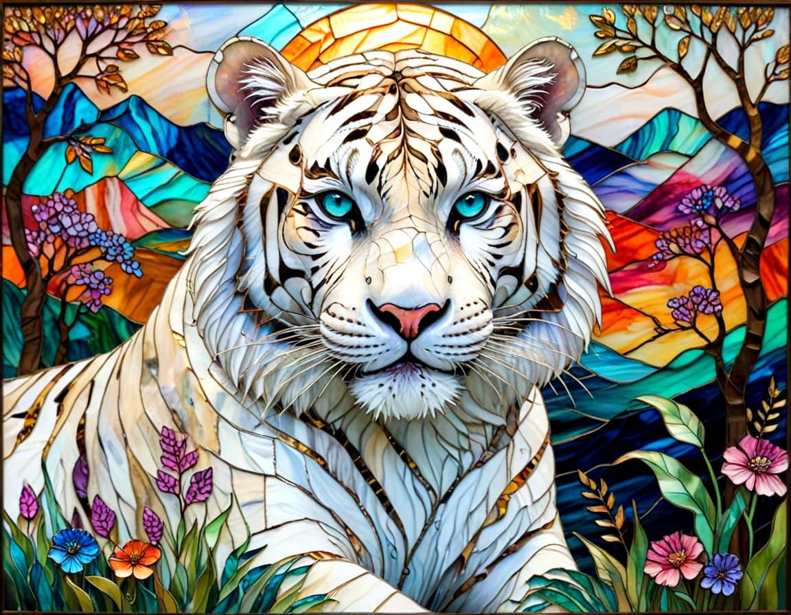 Stunning White Tiger and Baby in Vibrant Stained Glass Lands...