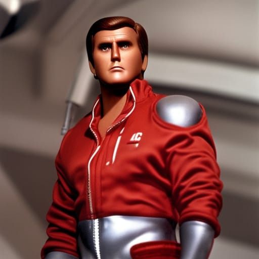 Young Lee majors as bionic man,  anatomically correct, hyperrealism, full shot , centered, red tracksuit, mechanical arm...