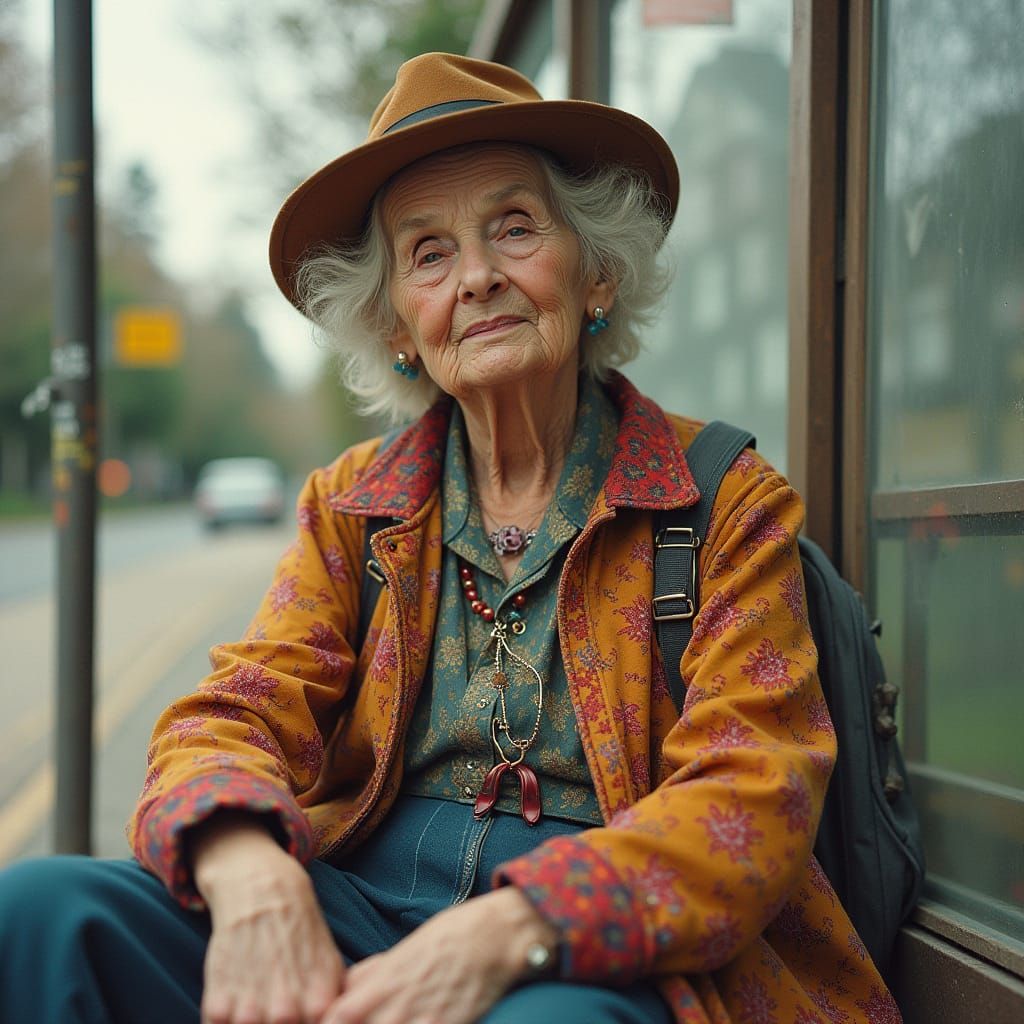 Youthful Grandmother in Vibrant Fashions at a Bus Stop in Hy...