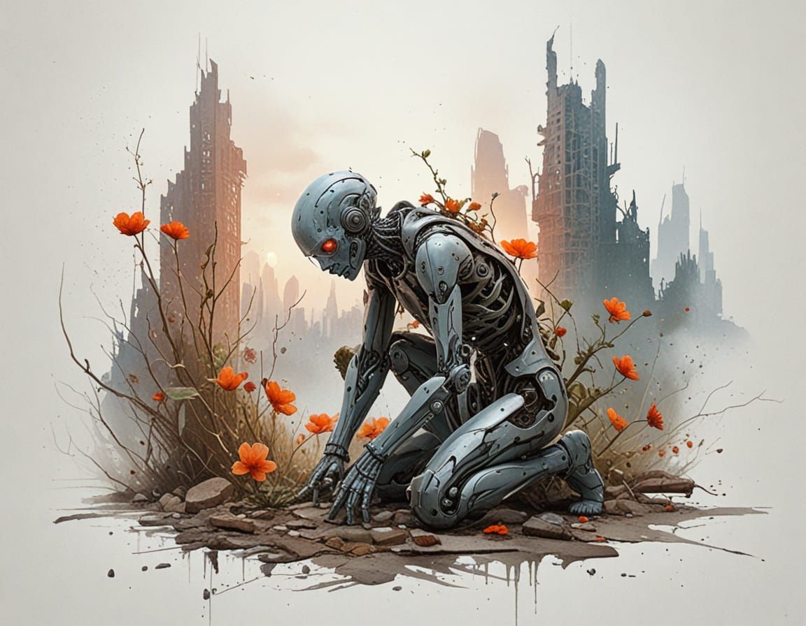 Cyborg Kneels in City Ruins Holding Blooming Flower