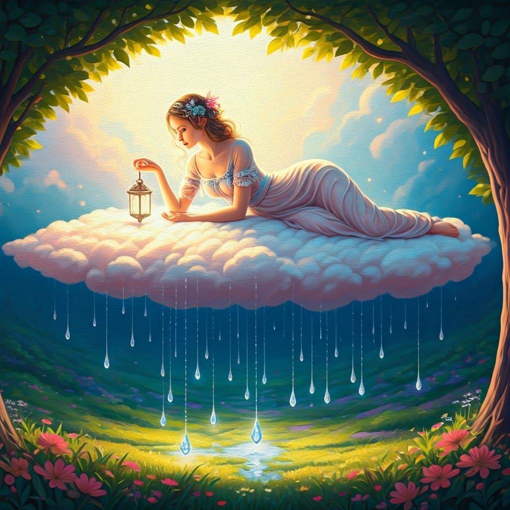 Ethereal Dream Goddess Lounging on Cloud, Oil Painting