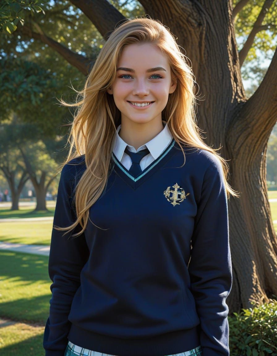 Teenage Girl in Catholic School Uniform Under Tree