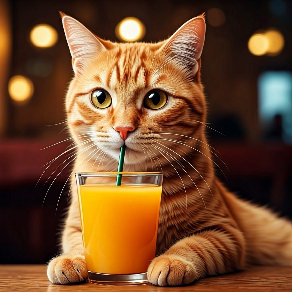 Orange Cat Sipping Juice in Restaurant, Soft Focus