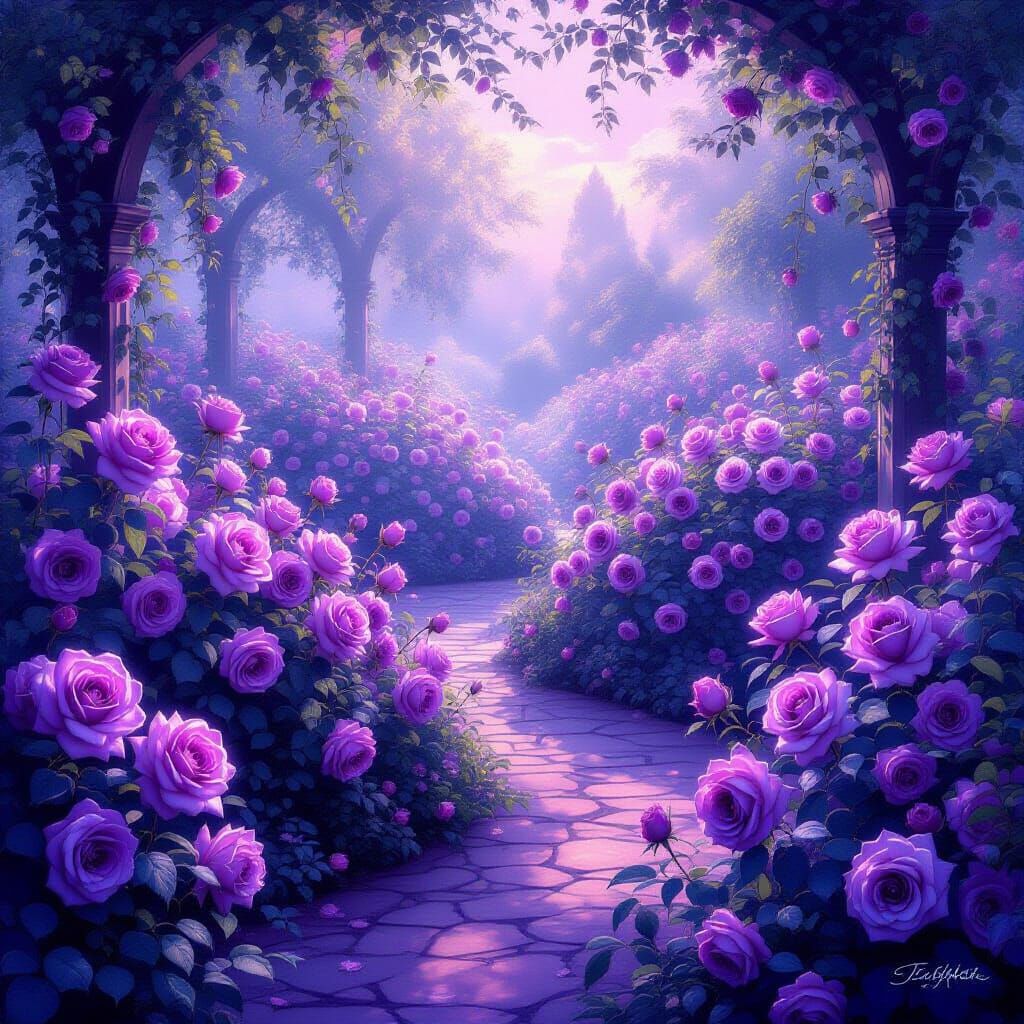 Magical Glowing Purple Roses in Ethereal Garden