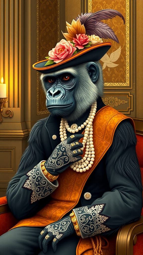 Elegant Victorian-Era Gorilla in Luxurious Parlour Setting