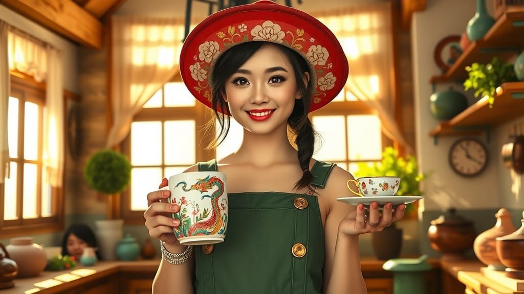 Confident Asian Woman in Whimsical Kitchen