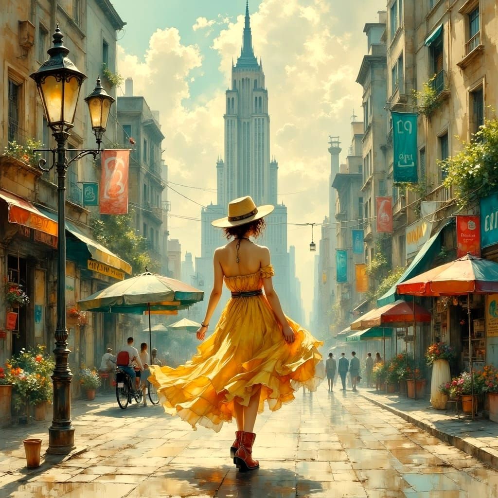 Country Girl in City, Impasto Pastel Oil Painting