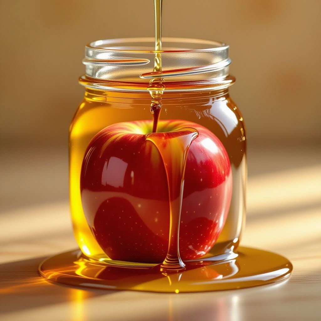 Red Apple Dipped in Golden Honey Jar