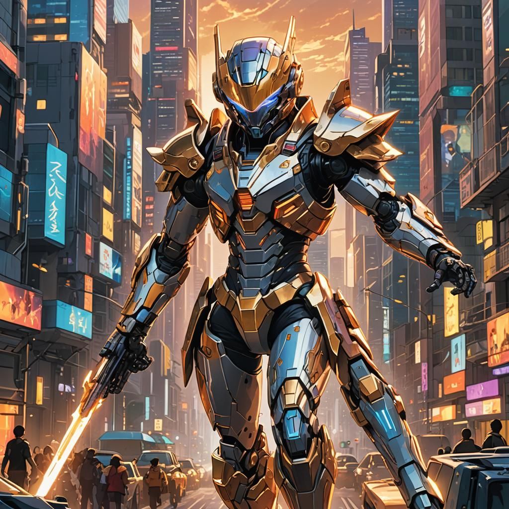 Dynamic Anime Character in Futuristic Cityscape