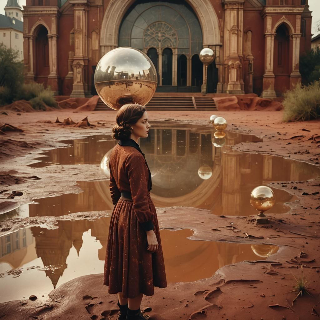 Woman at Riverbank with Art Deco Church