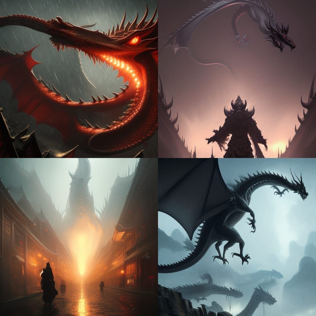 Chinese Dragon in Rain: Dark Fantasy Art
