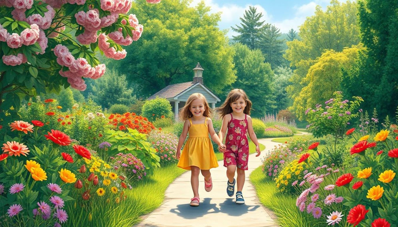 Happy Children Strolling Through a Beautiful Garden